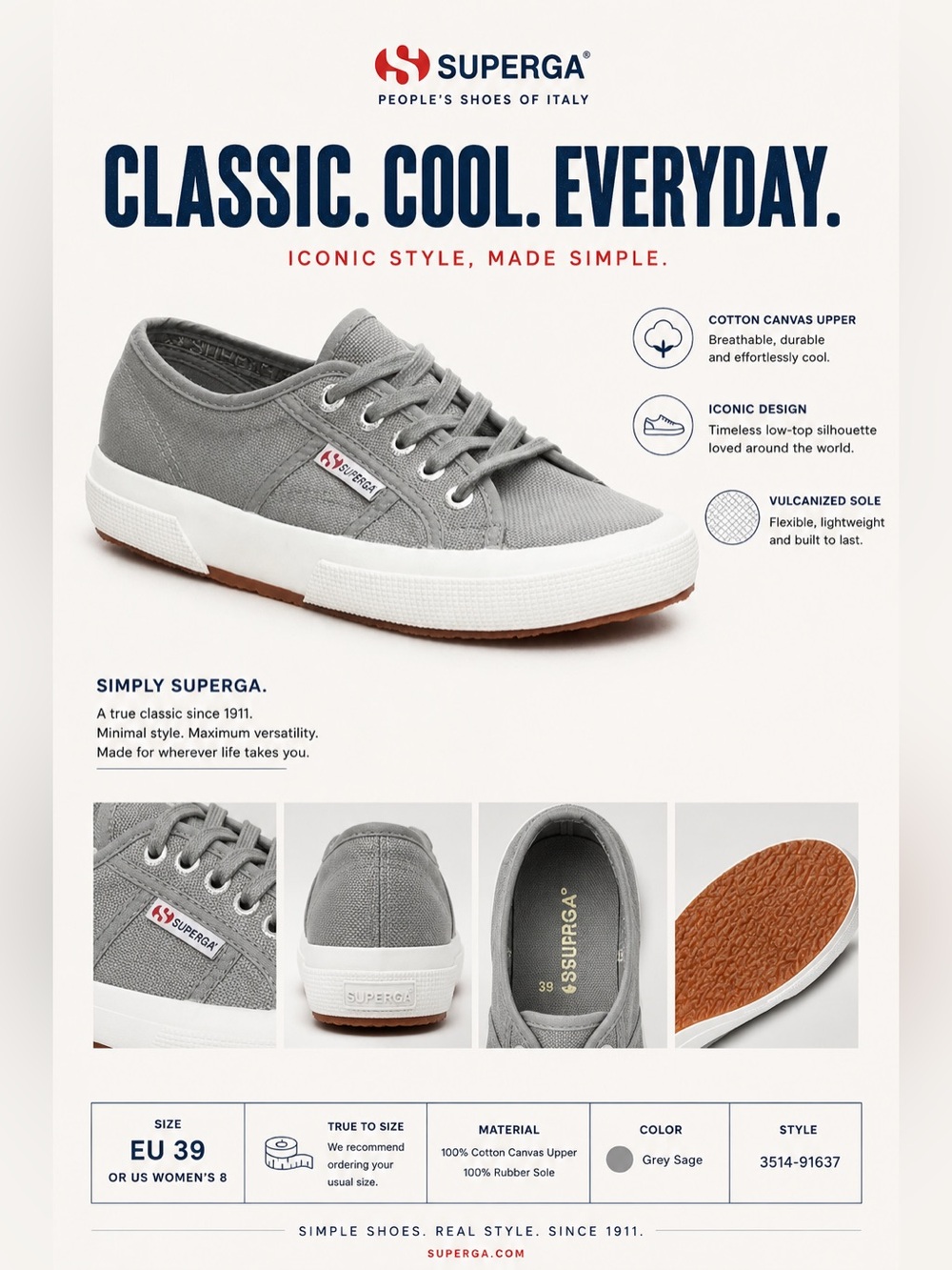 Superga Sneakers Grey Sage color lace up Cotu classic size EU 39 or 8